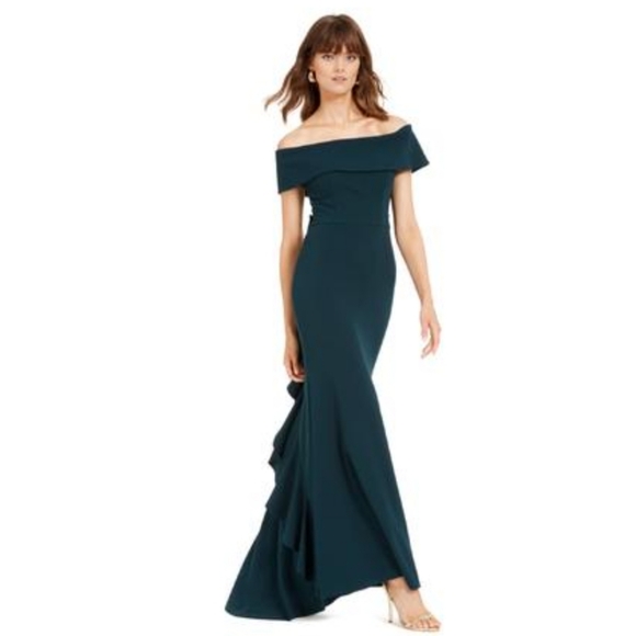 Betsy & Adam Solid Off Shoulder Bow Back Gown Dress - Picture 3 of 12